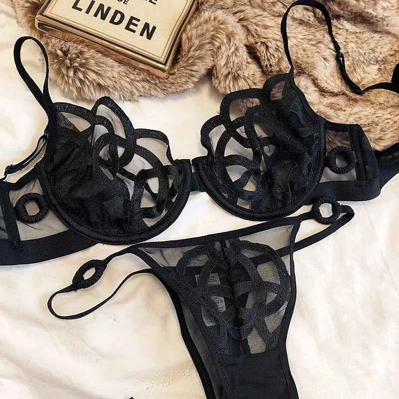French Ultra-Thin Lace Bra Set with Thong