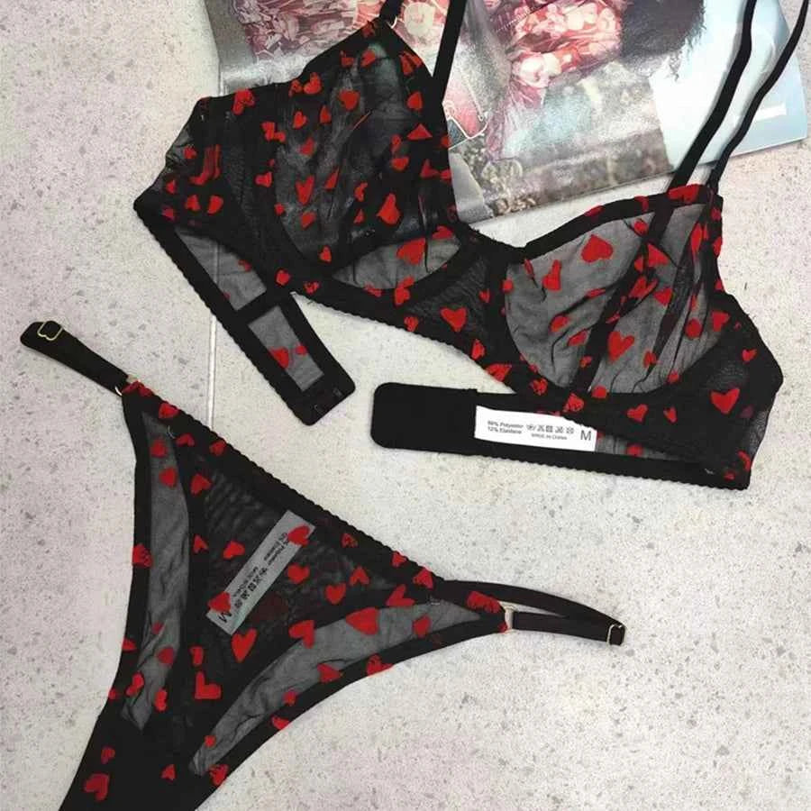 Ultra-Thin Transparent Push-Up Bra & Thong Set with Hearts