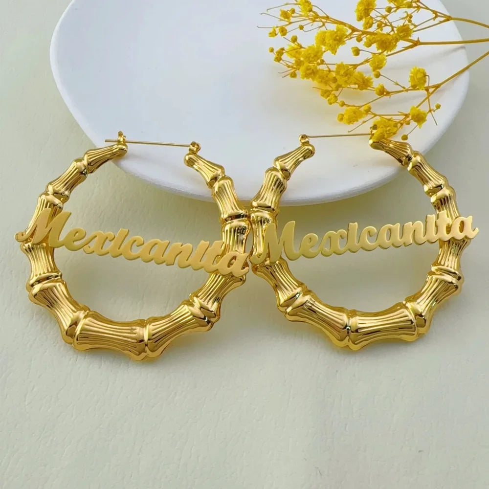 Custom Name Bamboo Hoop Earrings - Stainless Steel - SHOPPERS' CASTLE