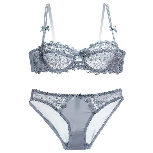 Ultra-Thin Half-Cup Transparent Lace Bra Set
