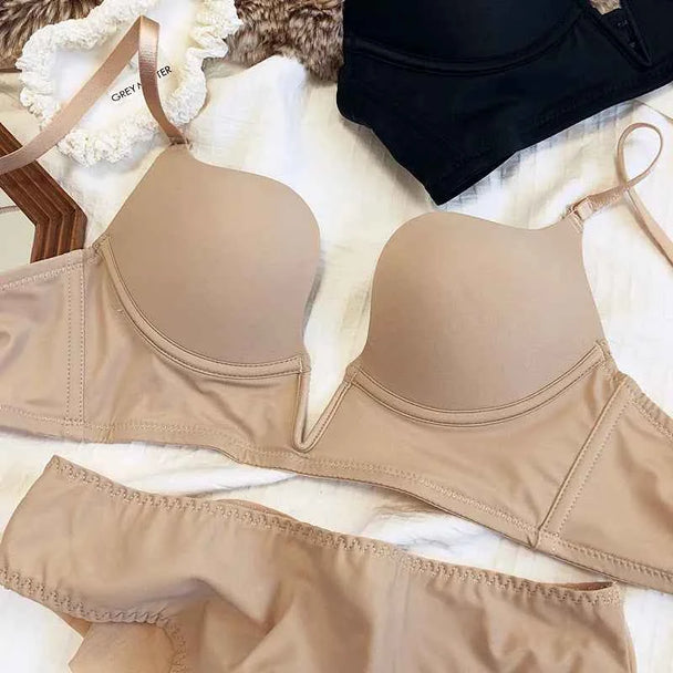 Seamless Plunge Push-Up Bra Set with Deep V