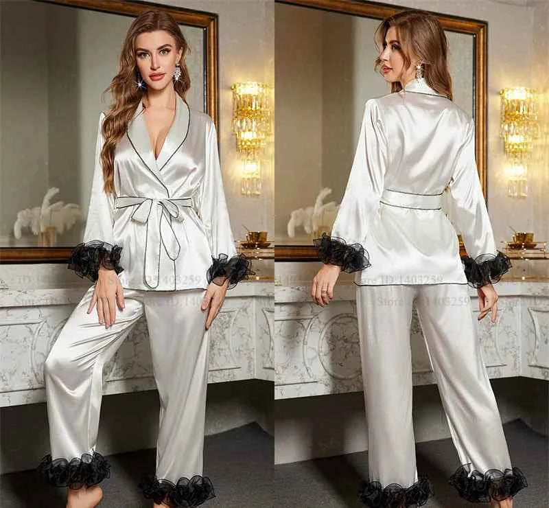 Striped Lace Trim Satin Pajama Set - SHOPPERS' CASTLE