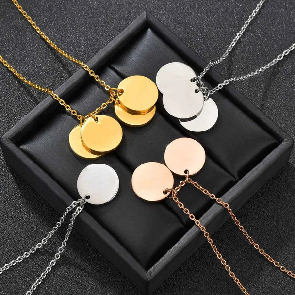 Custom Name Engrave Pattern Coin Circle Pendant Necklace - Chain