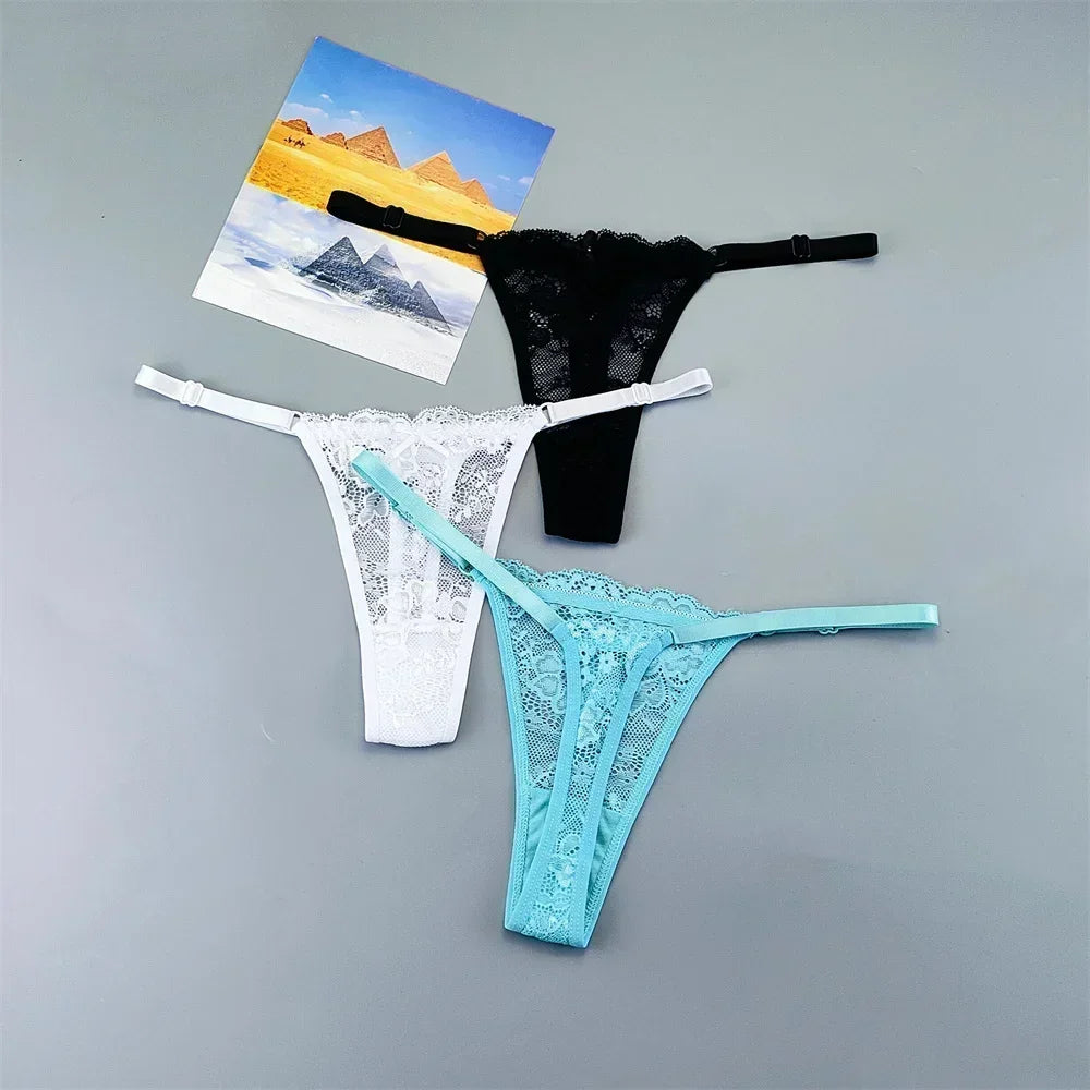 3PCS Adjustable Sexy Transparent Thong Panties Women Lace Underwear Low Waist Female T-back String Underpants - SHOPPERS' CASTLE