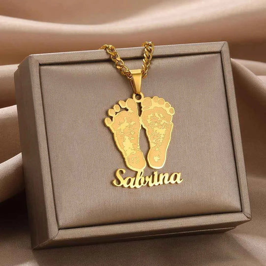 Custom Name Baby Feet Necklace - Nameplate Pendant