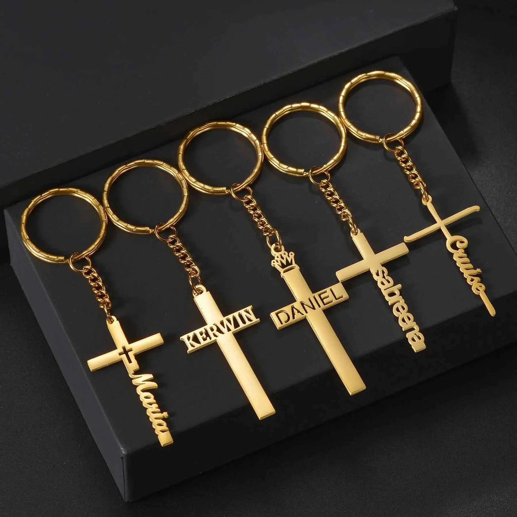 Custom Name Cross Keychain - Nameplate Charm