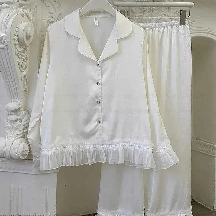 French Style Lace Trim Satin Pajama Set - SHOPPERS' CASTLE