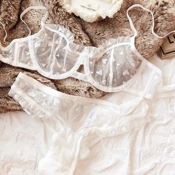 Ultra-Thin Transparent Push-Up Bra & Thong Set with Hearts