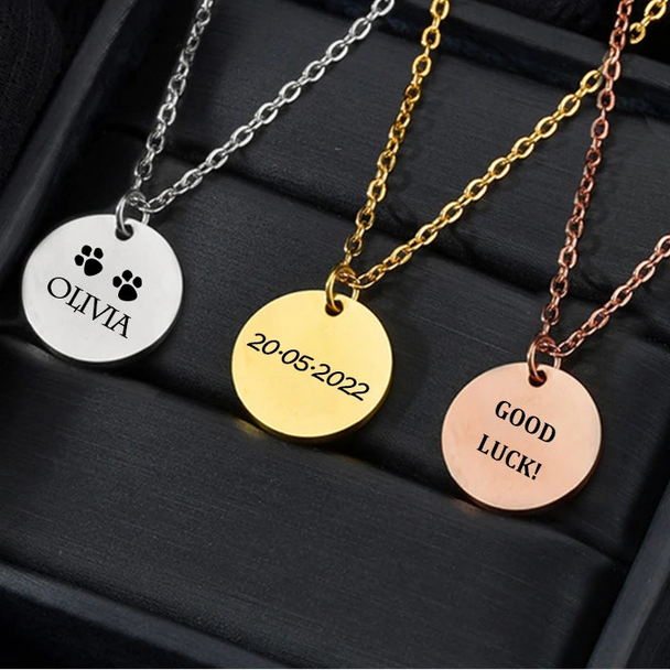 Custom Name Engrave Pattern Coin Circle Pendant Necklace - Chain - SHOPPERS' CASTLE