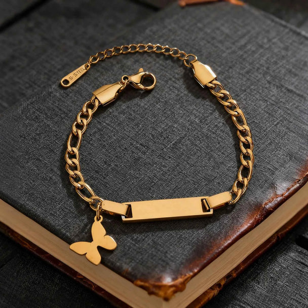 Engrave Name Heart Figaro Chain Bracelet - Adjustable