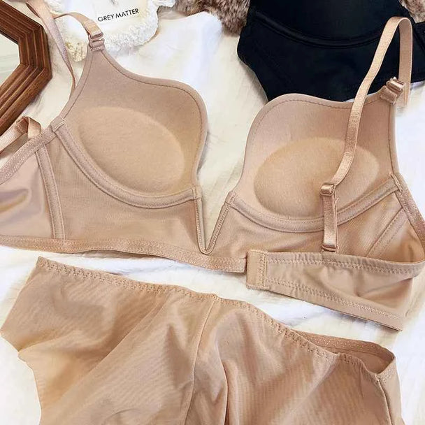 Seamless Plunge Push-Up Bra Set with Deep V