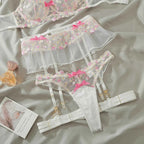 4-Piece Ultra-Thin Lace Floral Embroidery Set with Garter & Leg Straps