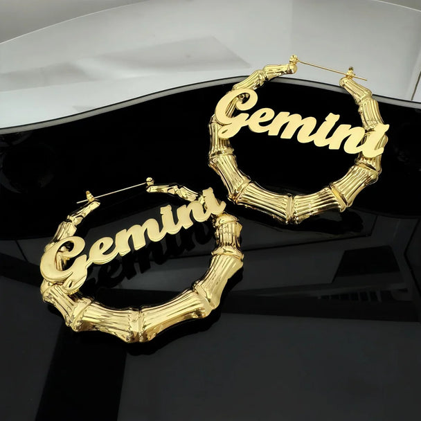 Custom Name Bamboo Hoop Earrings - Stainless Steel - SHOPPERS' CASTLE