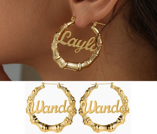 Custom Name Bamboo Hoop Earrings - Stainless Steel - SHOPPERS' CASTLE