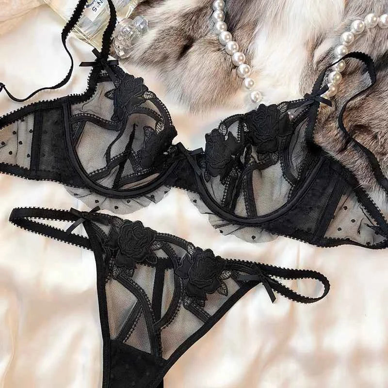 Ultra-Thin Lace Flowers Embroidery Bra & G-String Set
