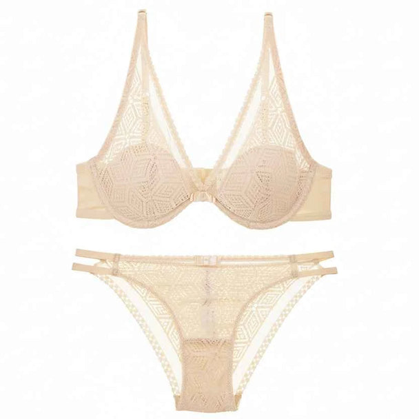 Thin Cotton Hollow Embroidery Bra Set - ABC Cup