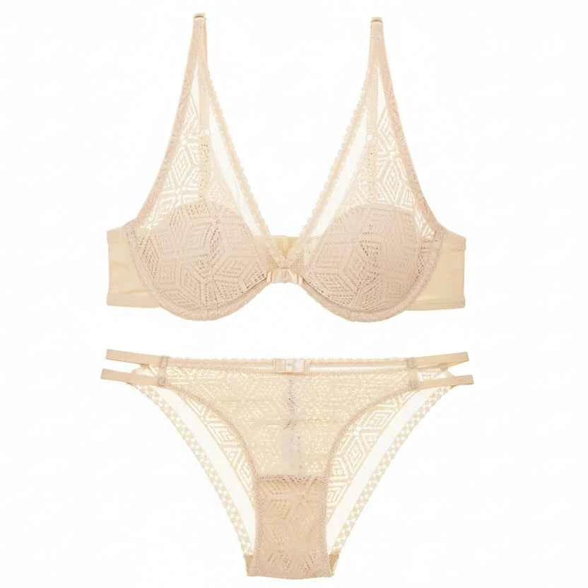 Thin Cotton Hollow Embroidery Bra Set - ABC Cup