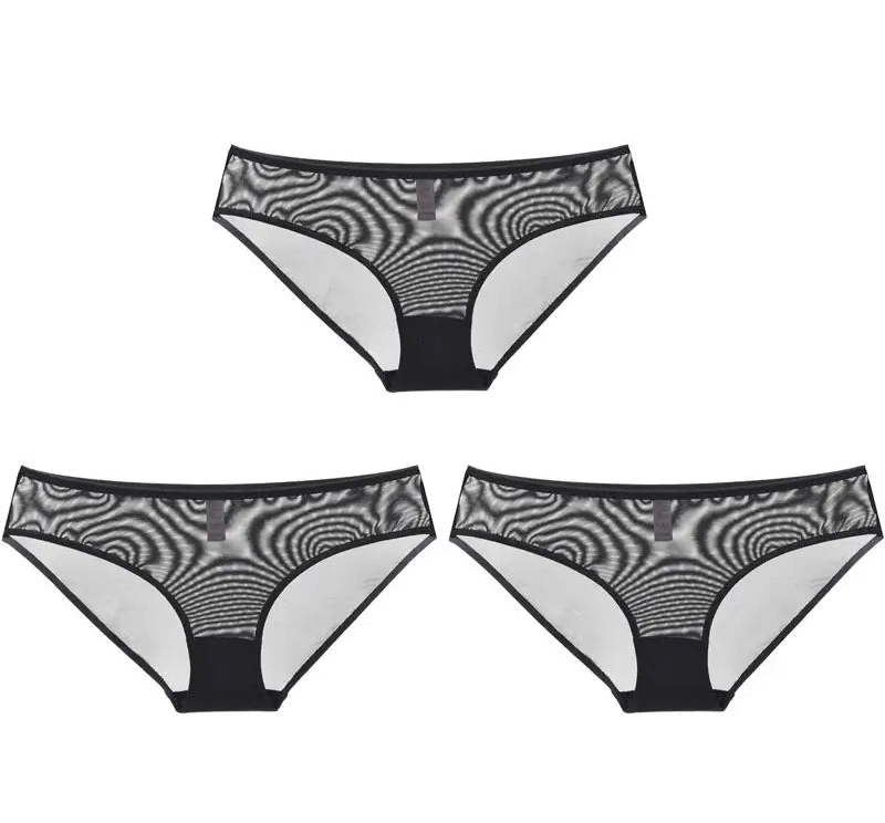 Hollow-Out Net Yarn Brief Trio - Black - SHOPPERS' CASTLE