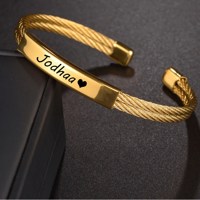Engrave Name Date Wire Bracelet - Heart & Star Open Bangle - SHOPPERS' CASTLE