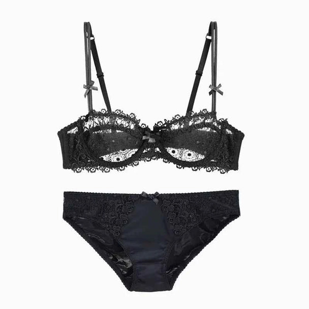 Ultra-Thin Half-Cup Transparent Lace Bra Set