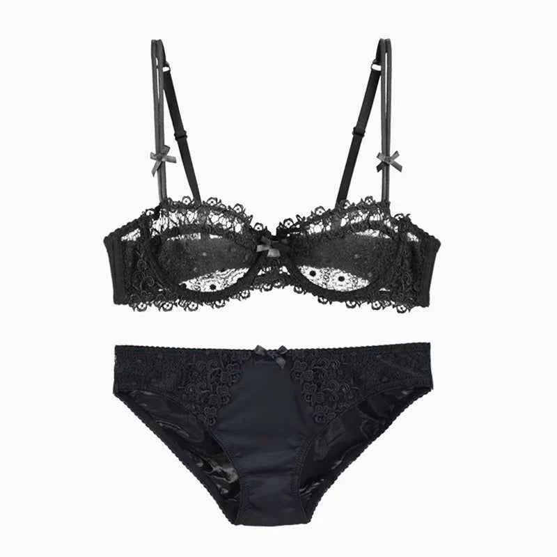 Ultra-Thin Half-Cup Transparent Lace Bra Set