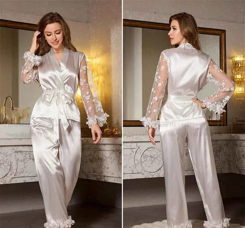 Striped Lace Trim Satin Pajama Set - SHOPPERS' CASTLE