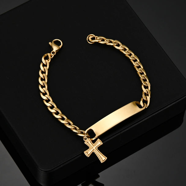 Engrave Name Cross Heart Bracelet - Adjustable Cuban Chain - SHOPPERS' CASTLE