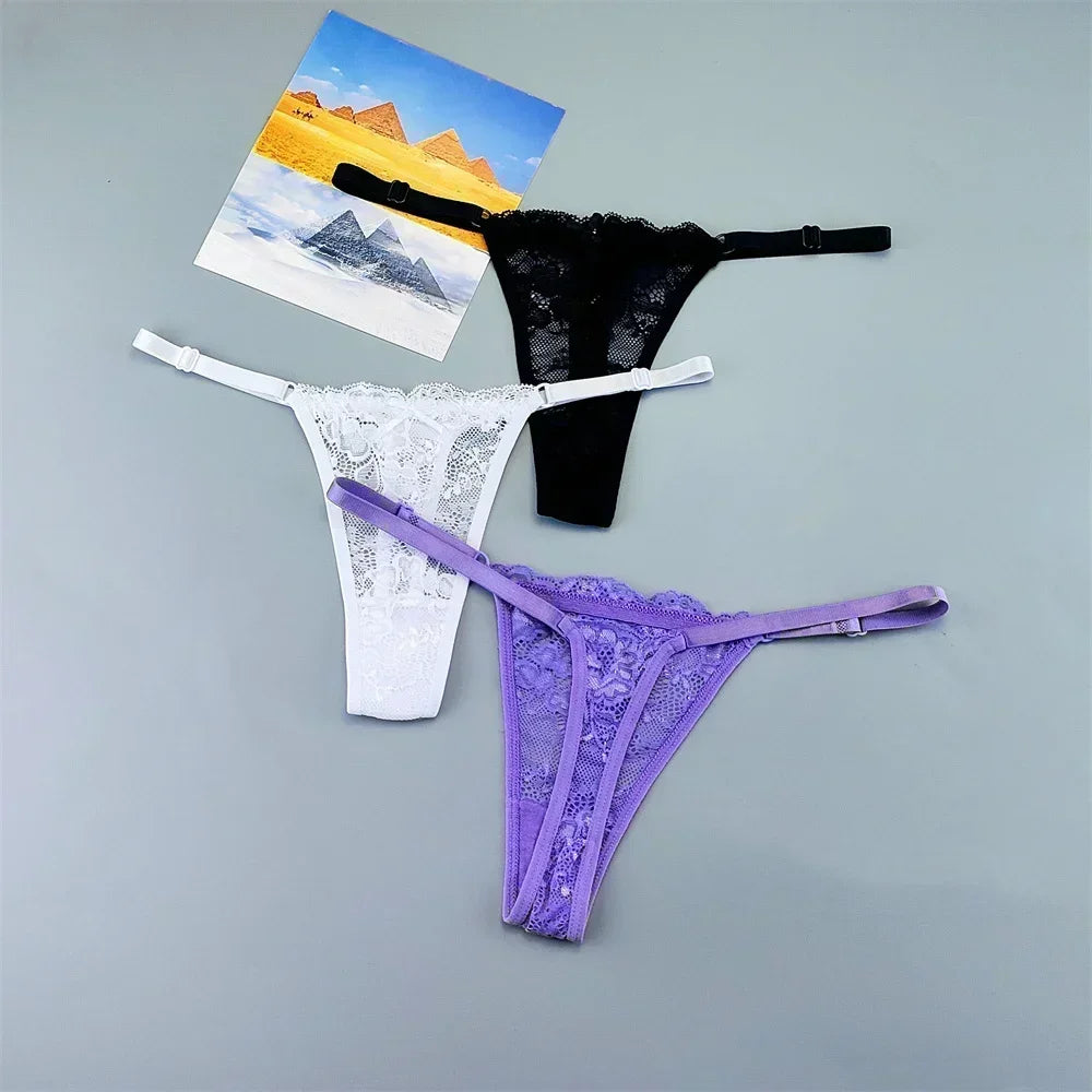 3PCS Adjustable Sexy Transparent Thong Panties Women Lace Underwear Low Waist Female T-back String Underpants - SHOPPERS' CASTLE