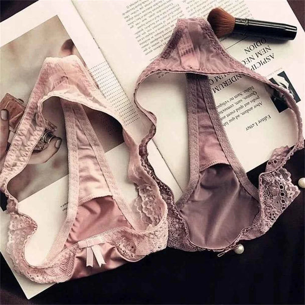 Satin Silk Lace Thong - Hollow Bow G-String Seamless Underwear