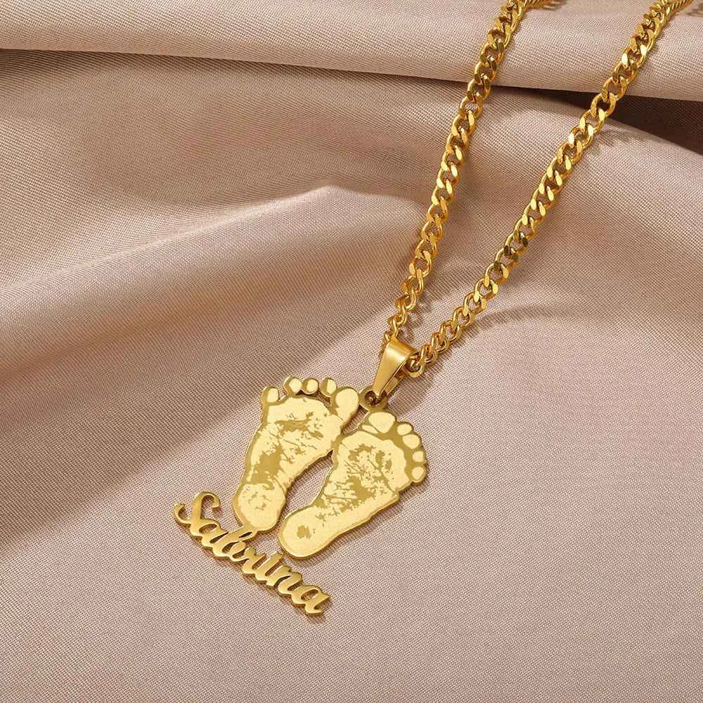 Custom Name Baby Feet Necklace - Nameplate Pendant