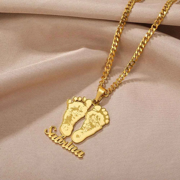 Custom Name Baby Feet Necklace - Nameplate Pendant