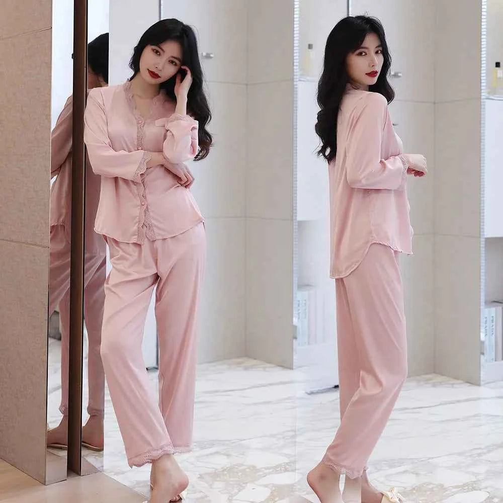 Solid Satin Pajama Set with Lace Trim - SHOPPERS' CASTLE