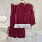 French Style Lace Trim Satin Pajama Set - SHOPPERS' CASTLE