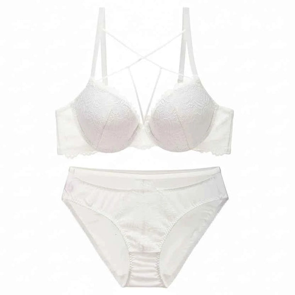 Embroidery Deep V Push-Up Bra Set with Gather Support