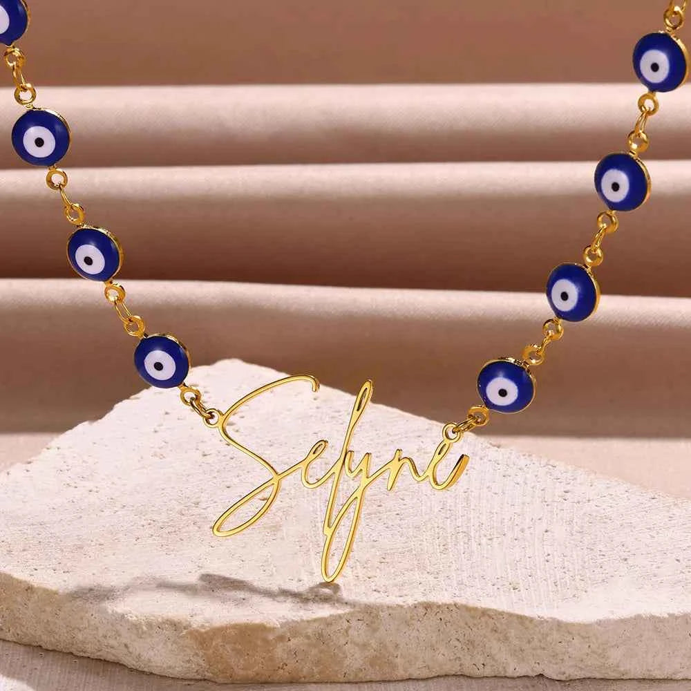 Custom Name Devil's Eye Chain Necklace - Handmade Nameplate