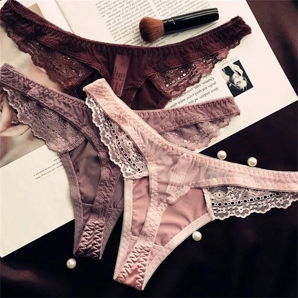 Hollow Lace Sexy Glossy Satin Silk Smooth Thong Women Sexy Low Waist G-string Underwear Bow Seamless Lingerie - SHOPPERS' CASTLE