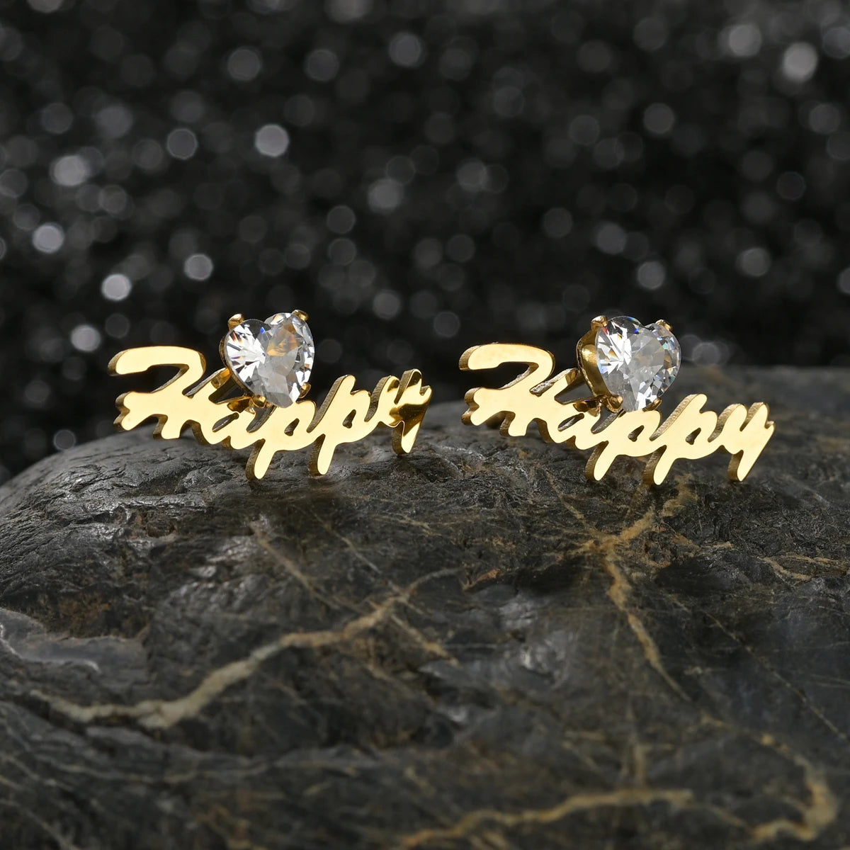 Custom Name Stud Earrings with Frosted Heart & Star - Stainless Steel - SHOPPERS' CASTLE