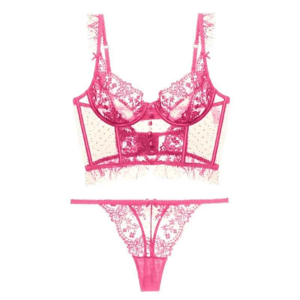 Ultra-Thin Lace Flowers Embroidery Bra & Thong Set with Body Shaper