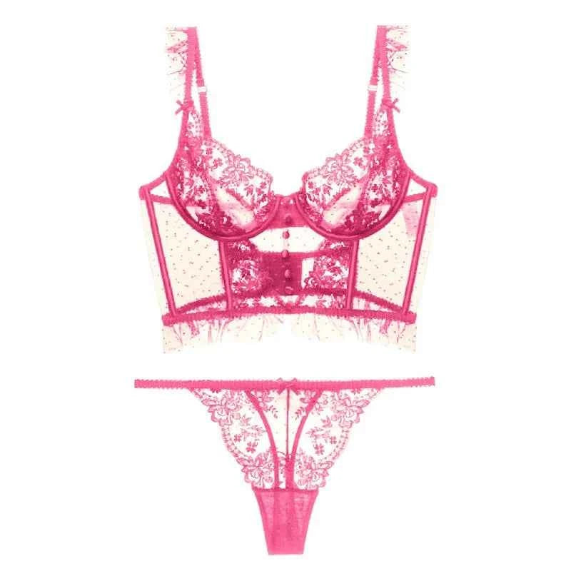 Ultra-Thin Lace Flowers Embroidery Bra & Thong Set with Body Shaper