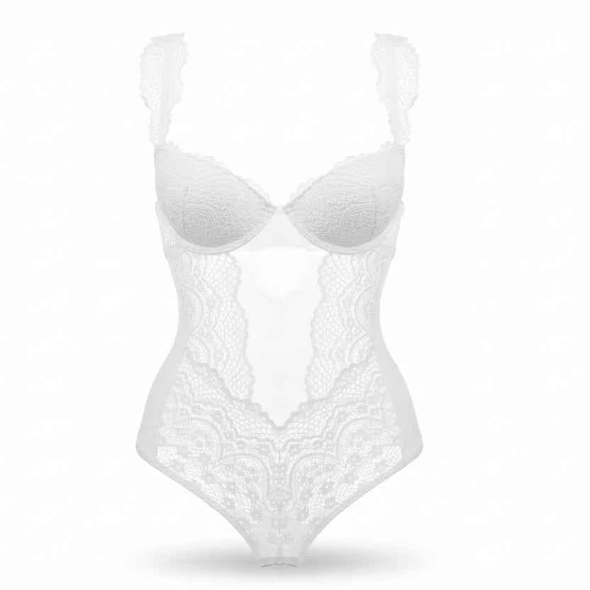 White Bustier Embroidery Bodysuit with Push-Up Bra