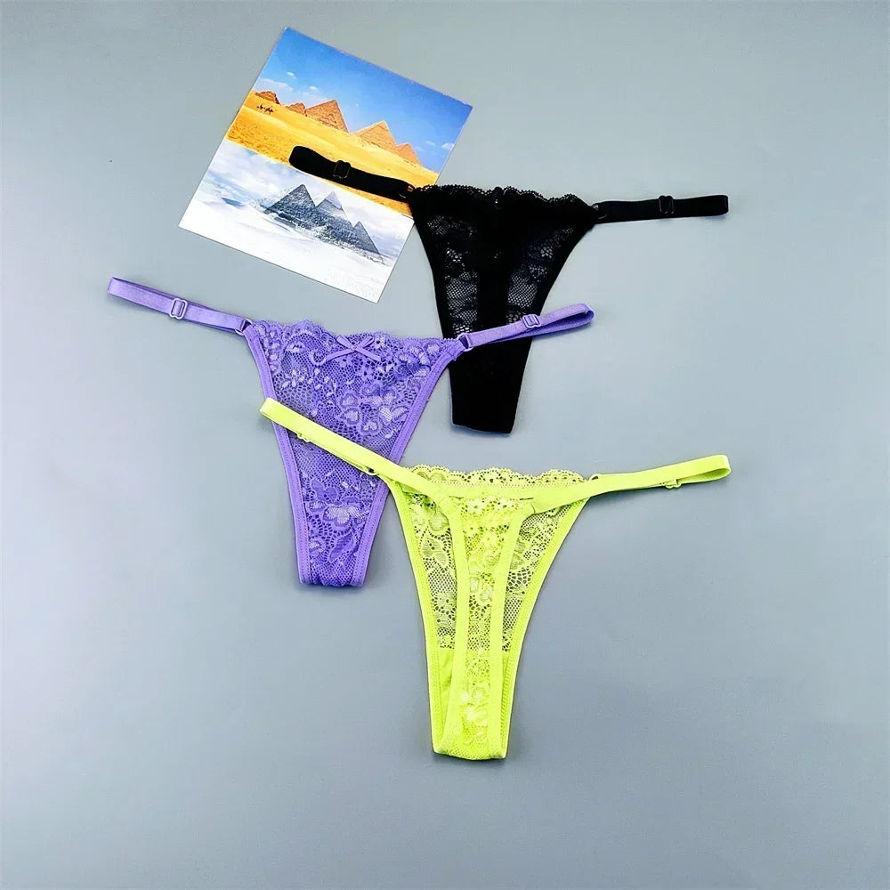 3PCS Adjustable Sexy Transparent Thong Panties Women Lace Underwear Low Waist Female T-back String Underpants - SHOPPERS' CASTLE