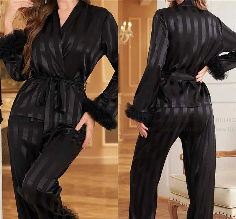 Striped Lace Trim Satin Pajama Set - SHOPPERS' CASTLE