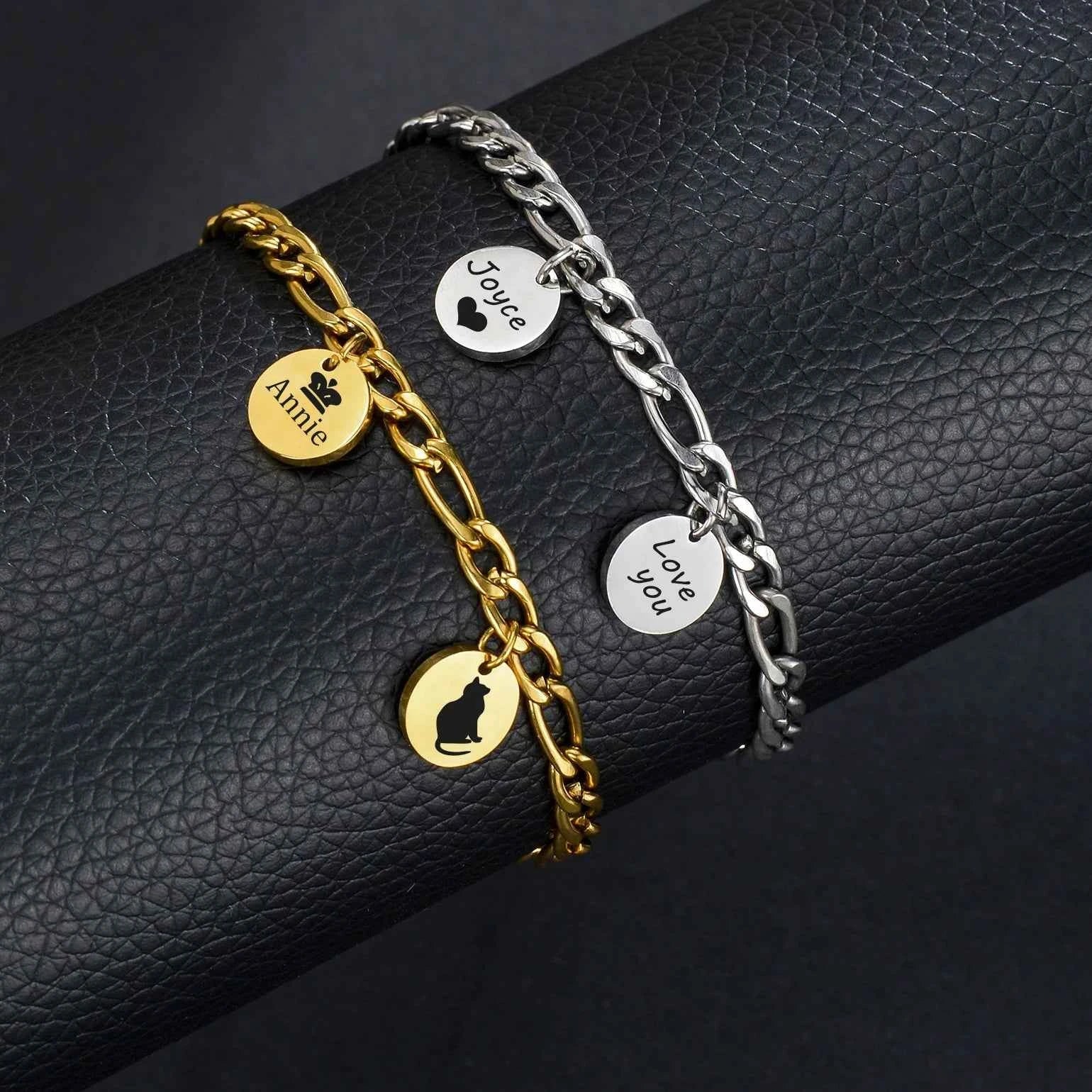 Engraved Name Thick Figaro Chain Bracelet - Stainless Steel