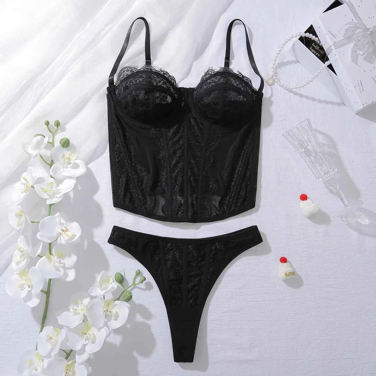 Mesh Ultra-Thin Sling Tops Bra & Thong Set with Shapewear