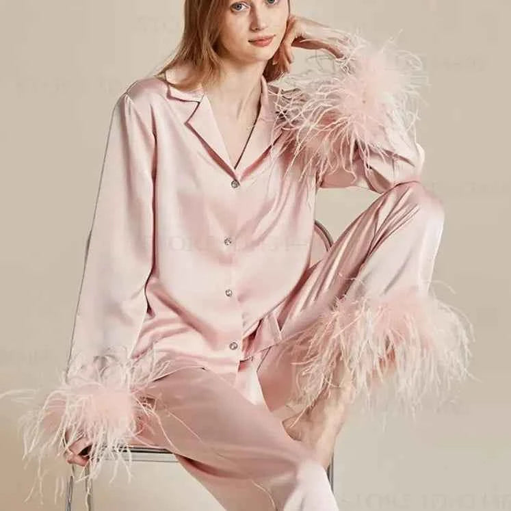 Feather Elegance Satin Sleepwear - 2-Piece Luxury Set - SHOPPERS' CASTLE