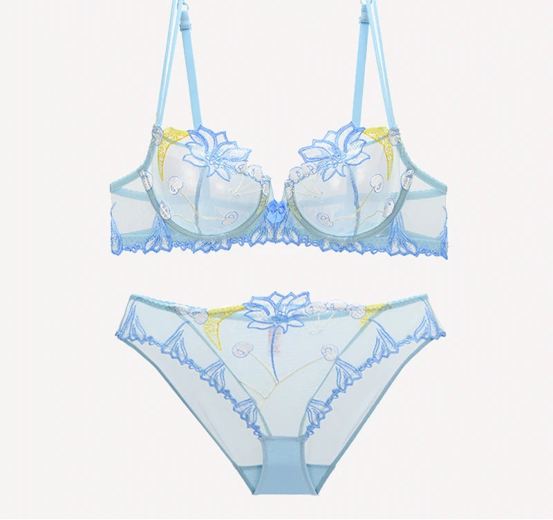 See-Through Flowers Embroidery Bra Set - Plus Size - SHOPPERS' CASTLE