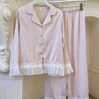 French Style Lace Trim Satin Pajama Set - SHOPPERS' CASTLE