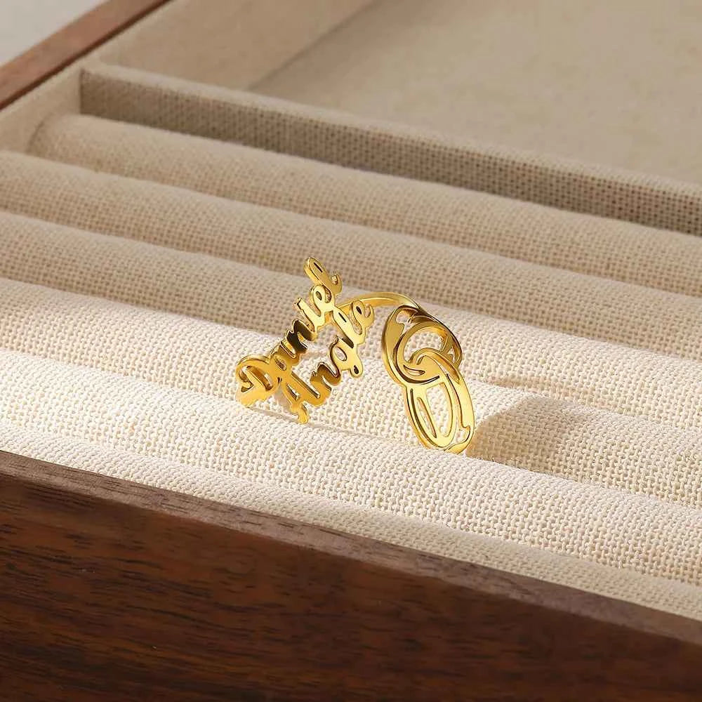 Custom Double Name Geometric Open Ring