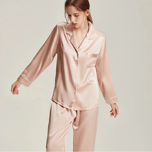 6A Grade 19mm Silk Pajama Set - V-Neck Long Sleeve Luxury Sleepwear
