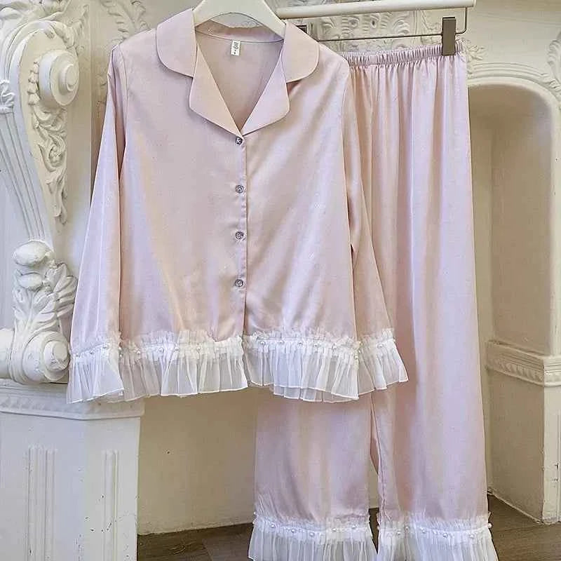 French Style Lace Trim Satin Pajama Set - SHOPPERS' CASTLE